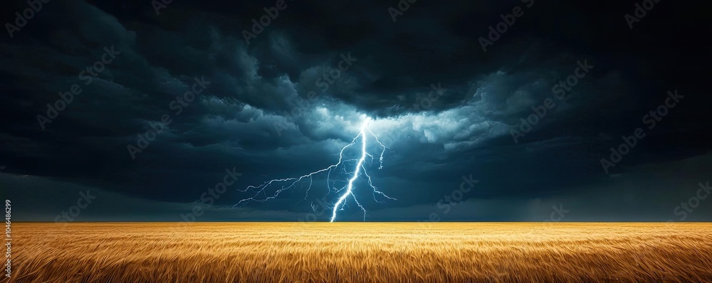Poster lightning strikes over a field under dark, stormy clouds.