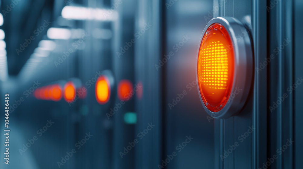 Poster bright orange alarm light illuminates corridor lined with server racks, creating striking visual con