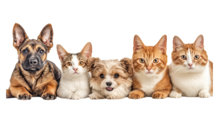 Adorable group of five pets including a puppy, two cats, and two kittens posing together on a neutral background.