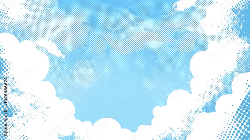 Poster Abstract blue sky with clouds in a halftone pattern.