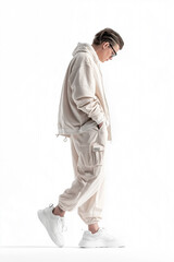 Stylish Young Man Poses in Casual Hooded Sweatshirt and Sneakers in Minimalist Studio Setting