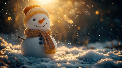 Obraz premium A cheerful snowman stands in a snowy landscape, illuminated by warm sunlight.