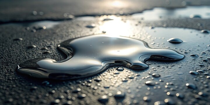 A puddle of gray goo glistens on a dull surface, reflecting faint light, water droplets, squalid