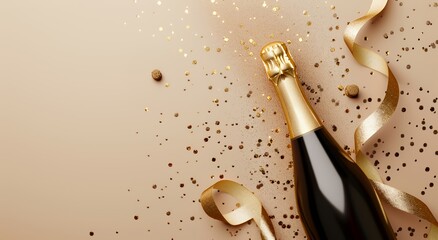 A champagne bottle, gold ribbon, and confetti on a beige background.