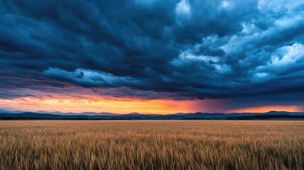 Vast field under dramatic sky with dark clouds and vibrant sunset colors.