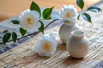 Obraz premium Traditional Japanese sake set with white camellia on straw mat