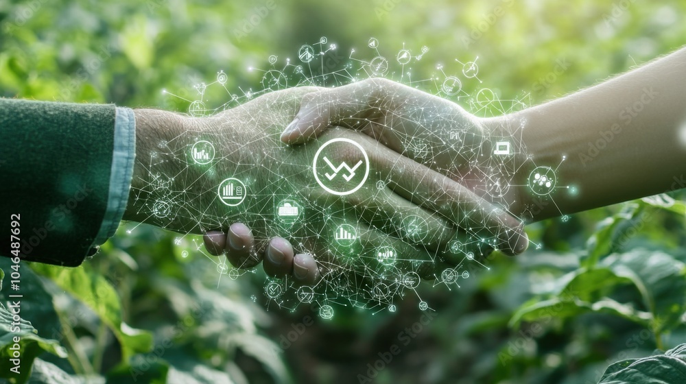 Poster net zero carbon cooperation visualization with a handshake overlaid with digital net zero symbols, s