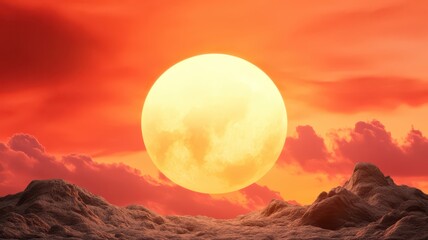 Fototapeta premium Cheerful sunshine glowing at the horizon, spreading warmth and positivity across the serene landscape.