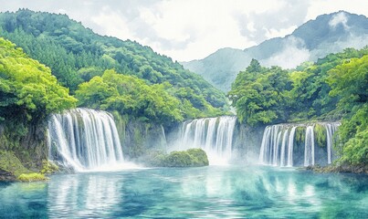 Fototapeta premium Watercolor Shifen Taiwan Waterfalls National Park Beautiful waterfalls, abundant, many foreigners come to visit