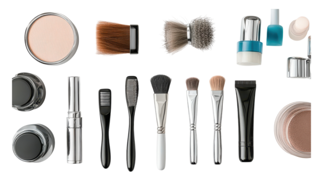Arrangement of various makeup tools and cosmetics including brushes, powders, and creams on a transparent background.