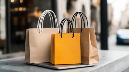 Three assorted shopping bags with twisted handles on a table with a blurred urban street background, featuring one vibrant orange bag among neutral colored bags.