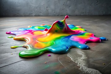 A gray background with a blob of colorful slime oozing out of it, forming a unique pattern on the floor, surface, slime