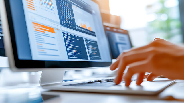 software developer collaborating with team, focused on coding and data analysis on computer screen. environment is modern and tech oriented, showcasing productivity and teamwork