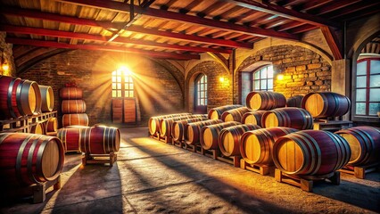Sunlight streams through arched windows, illuminating rows of wooden barrels in a rustic cellar, creating a picturesque scene of aging and craftsmanship.