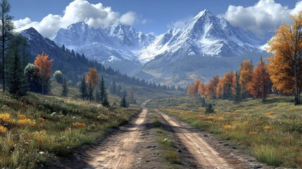 Scenic mountain landscape with a dirt road and autumn foliage.