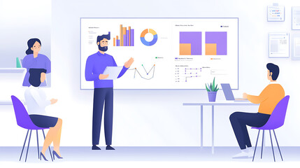 data scientist presents findings to group, showcasing charts and graphs on screen. atmosphere is collaborative and focused, highlighting teamwork and analysis