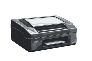 Modern black office printer isolated on transparent background. featuring a sleek design ideal for professional settings and home use.