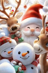 Cute Christmas-themed illustration with smiling snowmen, reindeer, and Santa Claus, warm and cheerful colors, vector art.