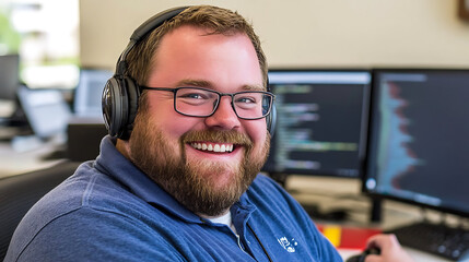 Fototapeta premium software developer wearing headphones, smiling while coding at computer desk. workspace features multiple monitors displaying code, creating focused and productive atmosphere