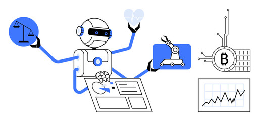 A stylized robot juggling various elements represents AI, technology, law, medicine, robotics, and finance. Ideal for technological advances, AI integration, automation, blockchain, and future