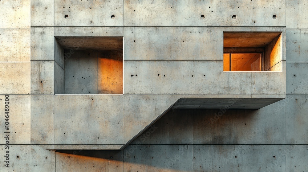 Poster modern concrete architecture with angular windows and warm lighting.