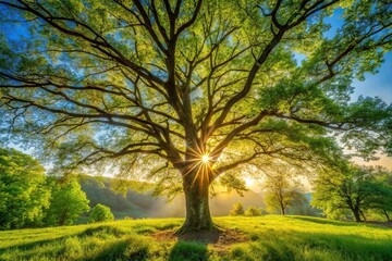 Fototapeta premium Sunlight shining through branches of tree in forest