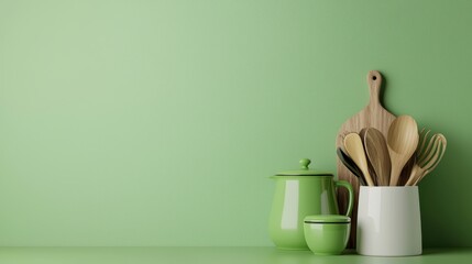 A serene kitchen scene featuring green utensils and containers against a textured green background, emphasizing minimalism and freshness.