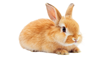 A cute brown rabbit sitting calmly on a light background, showcasing its soft fur and curious expression.