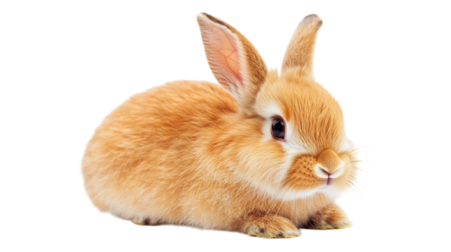 A cute brown rabbit sitting calmly on a light background, showcasing its soft fur and curious expression.