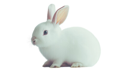 Obraz premium A small, fluffy white rabbit sitting quietly on a transparent background, showcasing its soft fur and curious expression in a calm setting.