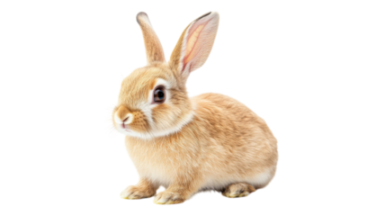 A cute brown rabbit sitting attentively on a transparent background, showcasing its soft fur and curious expression in bright lighting.