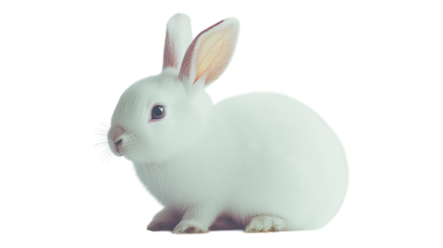 A small, fluffy white rabbit sitting quietly on a transparent background, showcasing its soft fur and curious expression in a calm setting.