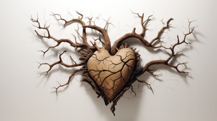 Abstract image of broken heart-shaped object on white background. from the center of the heart