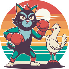 Fototapeta premium Nostalgic Cat in Boxing Gloves and Chicken Design – Silhouette Art