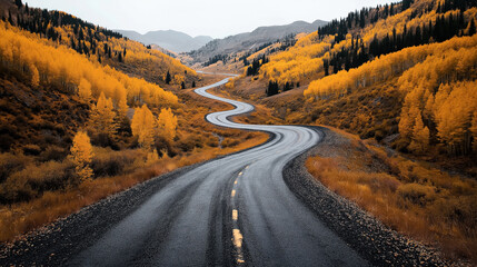 Fototapeta premium Winding road through a mountainous landscape with vibrant autumn foliage, showcasing a mix of yellow and orange trees under an overcast sky.