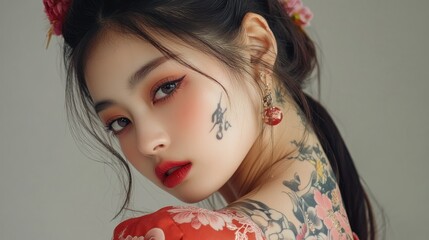 Naklejka premium Asian beautiful model young woman tattoos art on her back background wallpaper AI generated image