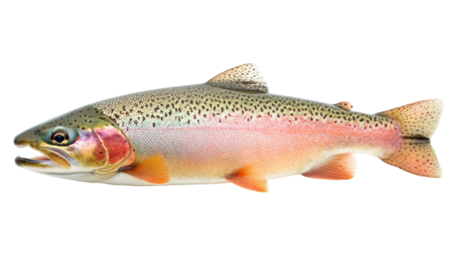 A detailed view of a rainbow trout swimming in clear water during daylight, showcasing its vibrant colors and unique patterns.