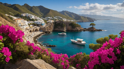 Picturesque coastal village with colorful houses nestled on cliffside overlooking turquoise waters.