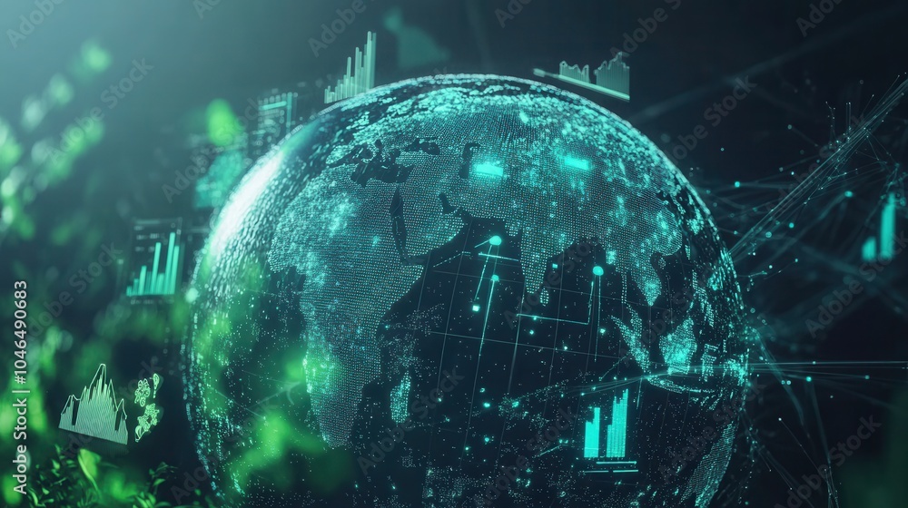 Poster reduce co2 emissions visualization featuring a globe with green technology symbols and emission redu