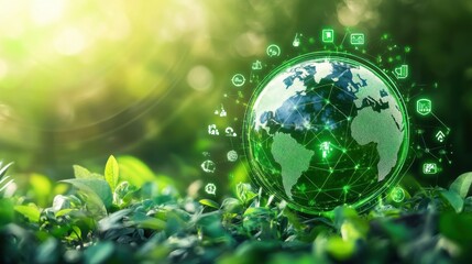 Reduce CO2 emissions illustration with a globe surrounded by green digital symbols, focusing on global sustainability efforts, suitable for a decarbonization stock image