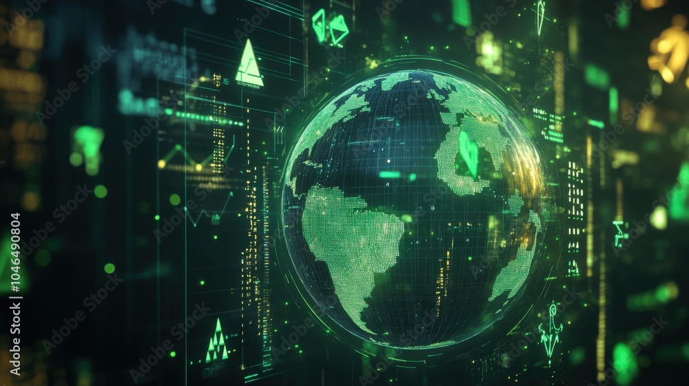 Aufkleber reduce co2 emissions visualization with digital charts showing declining emissions and a globe surro