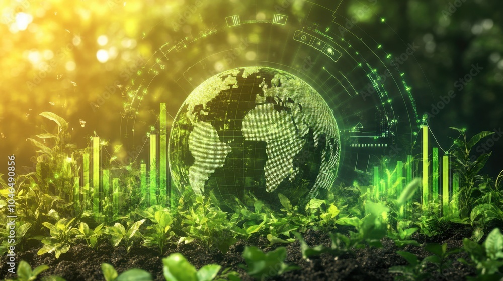 Poster reduce co2 emissions visualization with digital charts showing declining emissions and a globe surro
