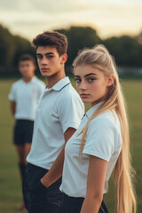 Obraz premium teen boy school player stands next to a beautiful teen girl in school uniform and white shirt. She has long blonde hair styled into a sleek ponytail. They stand on a sports field, with other children