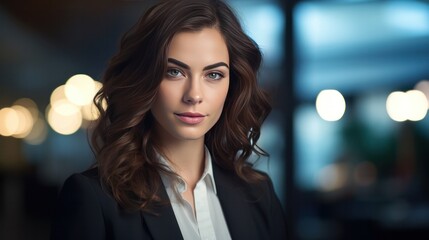 Confident business woman standing gracefully in front of cityscape