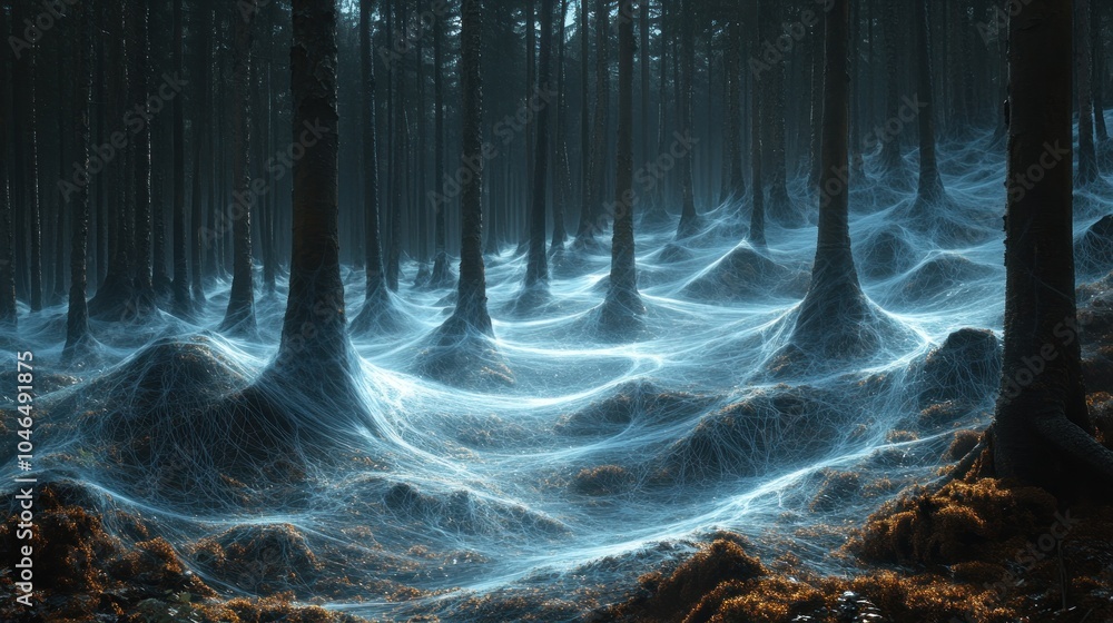 Poster ethereal forest with webs creating a mystical atmosphere.