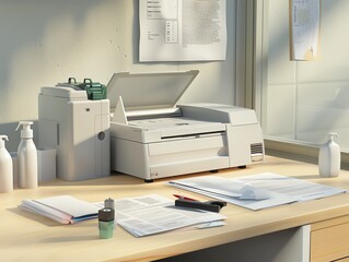 Fototapeta premium A 3D render of a complete copier cleaning kit on a desk