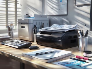 A 3D render of a complete copier cleaning kit on a desk