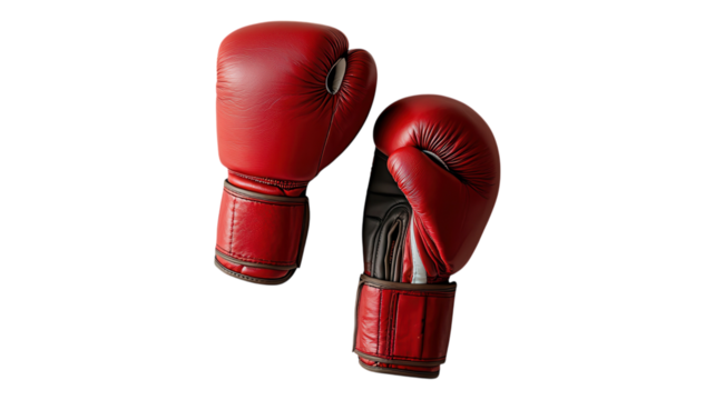 Red boxing gloves displayed against a transparent background, showcasing athletic equipment for training and competition.