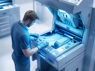 A 3D render of a technician cleaning the copier s input tray