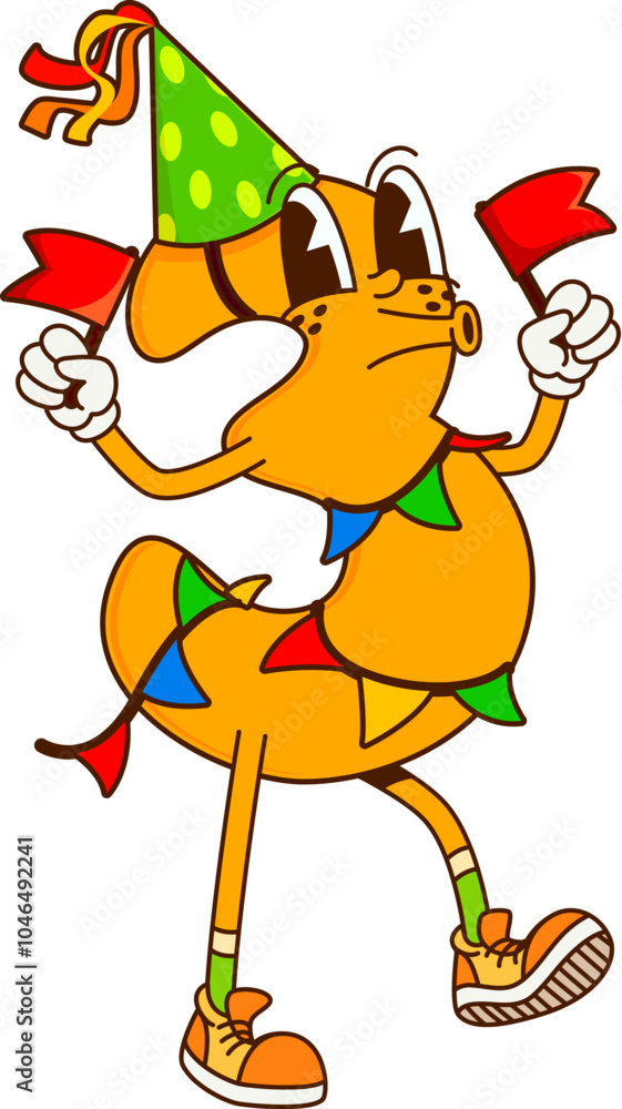 Poster Cartoon math number three groovy character celebrates party with charming expression. Isolated vector funky orange colored digit 3 retro personage wears festive hat, wrapped in garland, holding flags